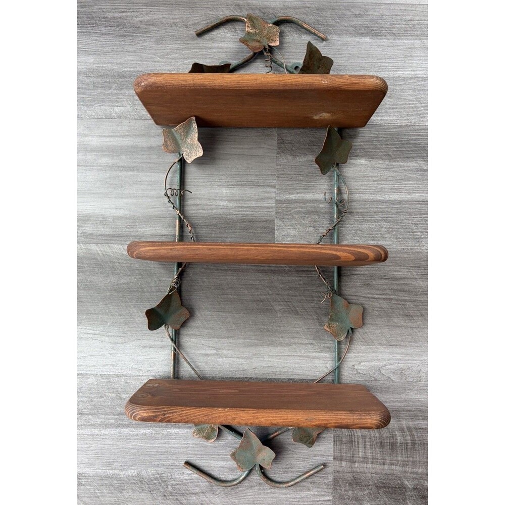 VTG Home Interiors 3 Tier Wall Shelf Wood Metal Ivy Leaf Cottagecore Display